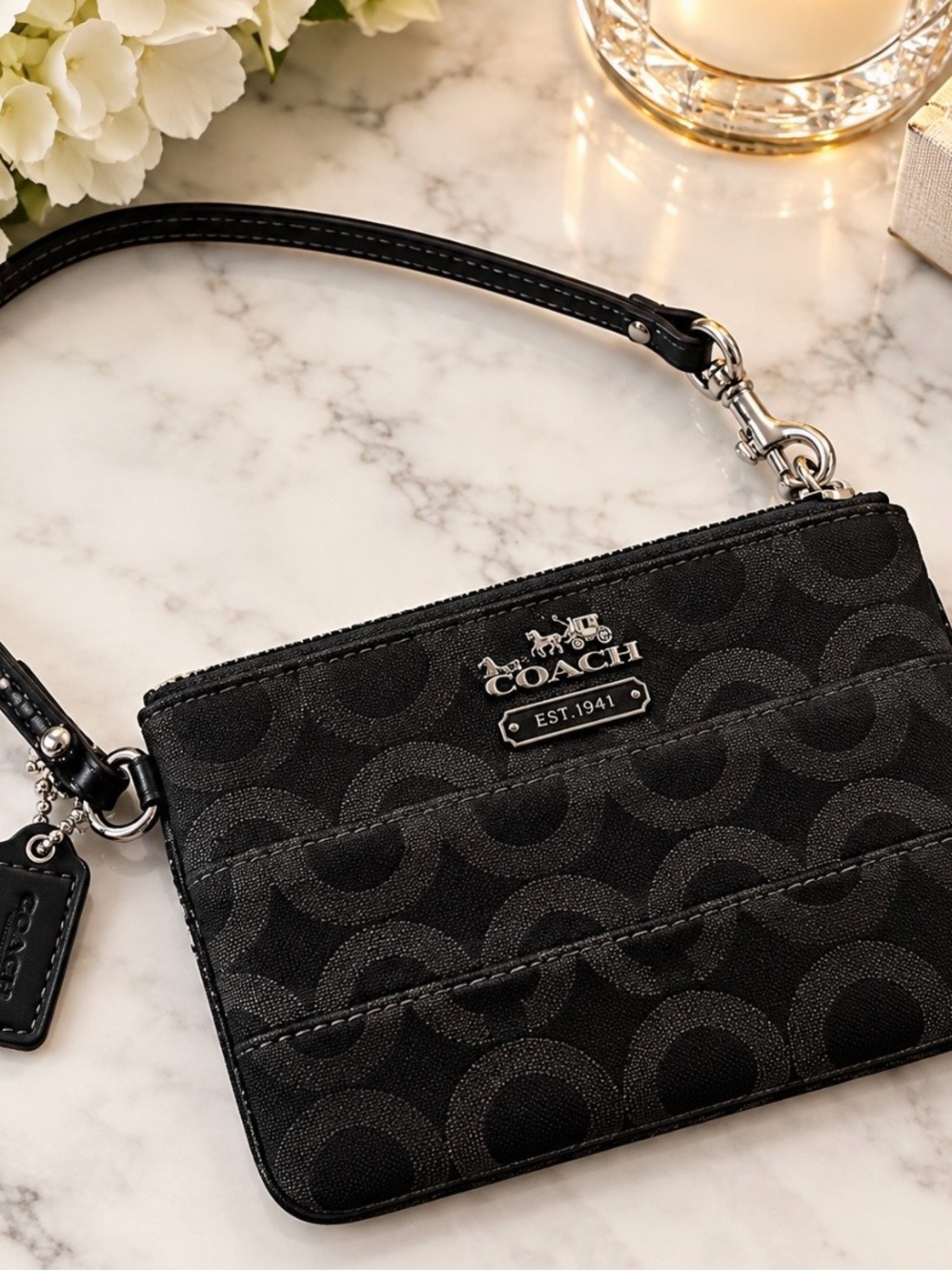 Coach Black Signature Wristlet Clutch with Silver Hardware